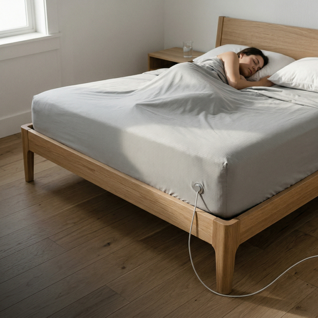 Person lying in bed with a wooden frame and white mattress, plugged into a power source.