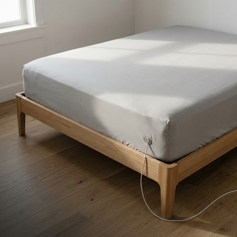 Wooden bed frame with a white mattress on a wooden floor.